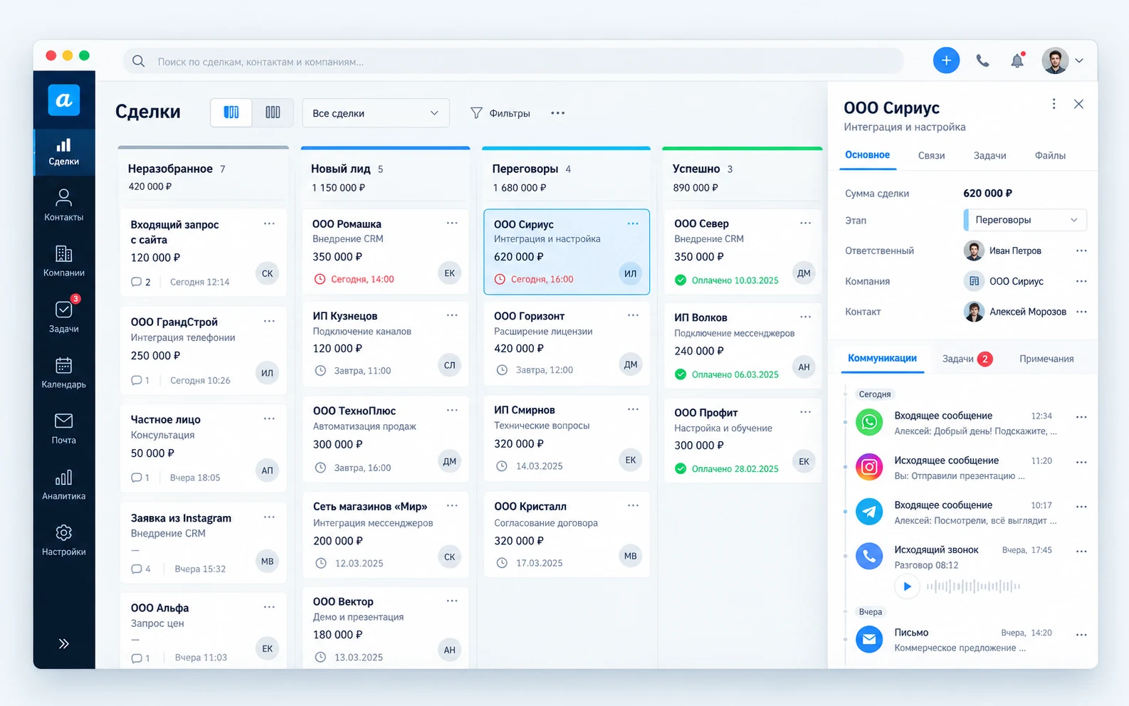 Пример настроенной воронки и карточки сделки в amoCRM